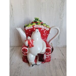 Blue sky polar bear teapot ceramic vintage Xmas home decor sleeping